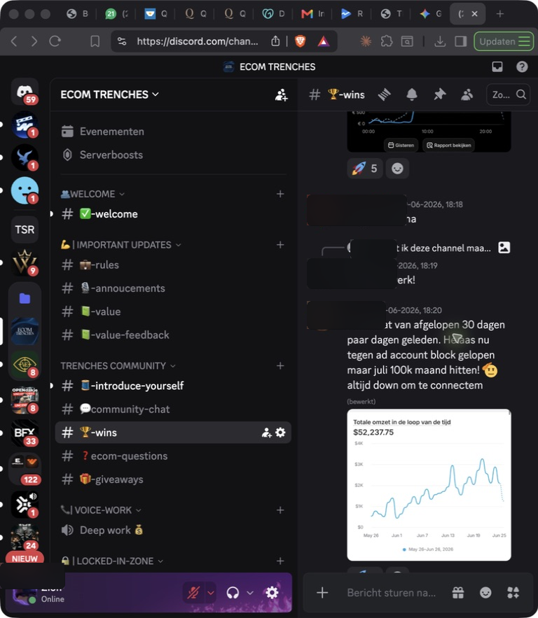 Redacted full Discord screen and Shopify dashboard showing $52,237.75 sales across 30 days