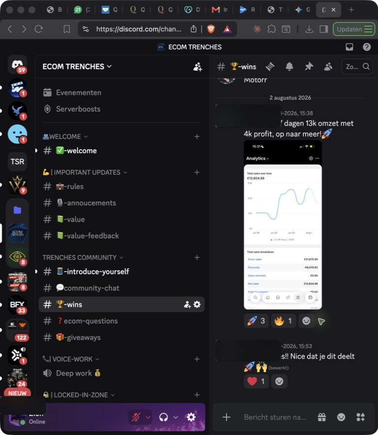Redacted full Discord screen and Shopify dashboard showing €13,604.88 sales across seven days