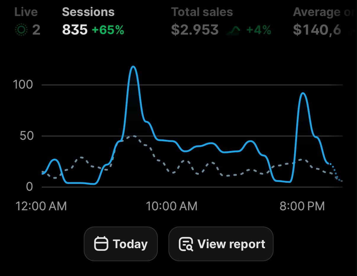Shopify dashboard showing $2,953 total daily sales