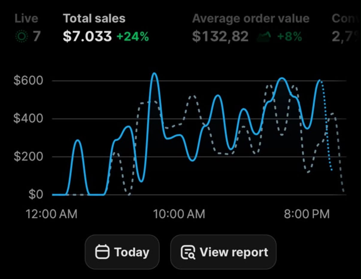 Shopify dashboard showing a 7,033 dollar sales day